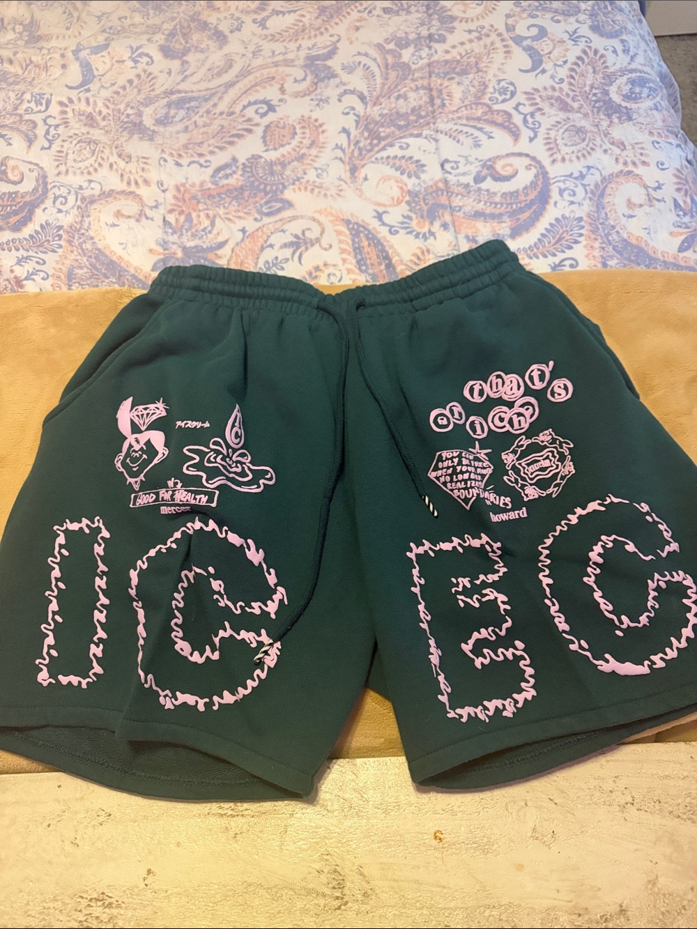 Icecream Dark Green Shorts with Pink Graphic Print